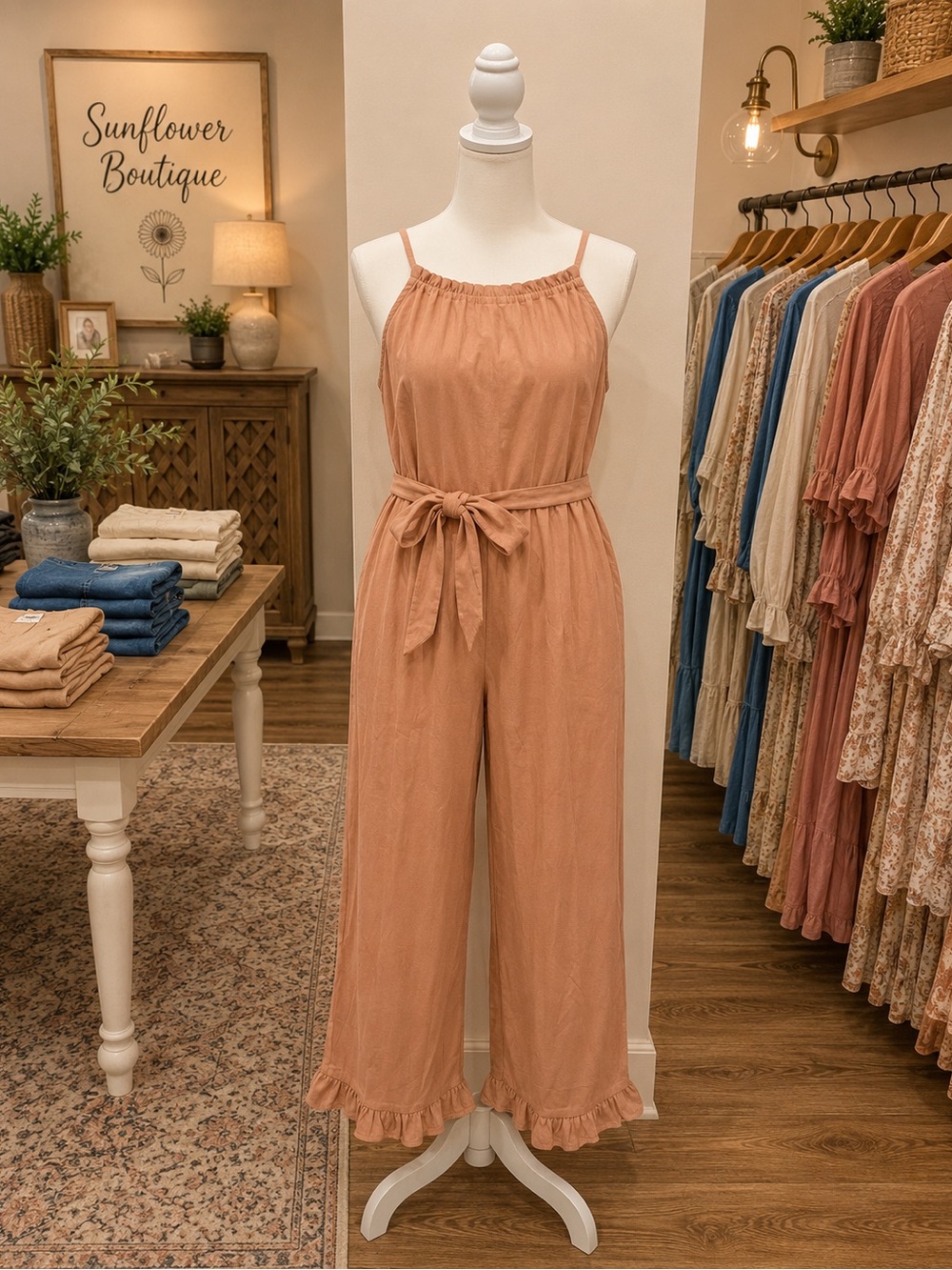 Perfectly Priscilla 1X Tan Wide Leg Jumpsuit Ruffle Hem Belted
